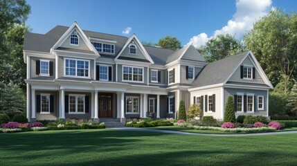 Fototapeta premium A beautiful two-story house with a large front lawn and a walkway leading to the front door