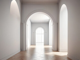 Fototapeta premium 3d rendering. Arch hallway simple geometric background, architectural corridor, portal, arch columns inside empty wall. Modern minimal concept