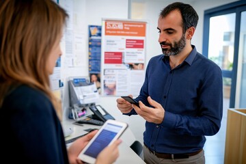 Fototapeta premium A professional man interacts with a woman at a service desk, using smartphones for communication and information exchange.