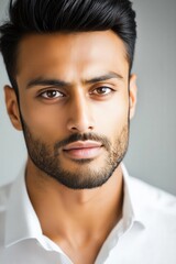 Obraz premium Captivating close-up of a young man with striking features against a neutral background