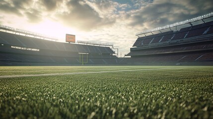 A serene view of a sports stadium at sunrise, showcasing lush green grass and empty stands, ready for exciting matches ahead.