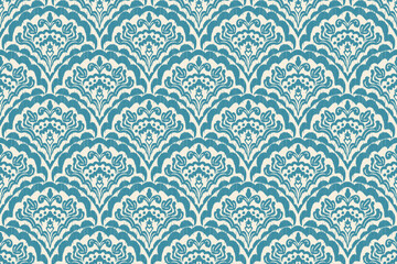 Ikat ethnic seigaiha fabric fish scales seamless pattern on background. geometric fish scales Seigaiha. for design ethnic seigaiha pattern fashion fabric design carpet, clothing, wrapping, wallpaper