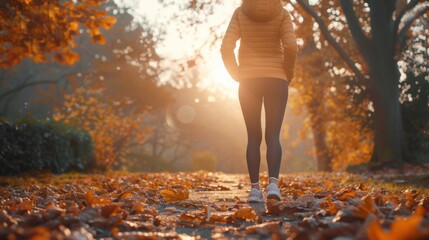 An athletic woman in sportswear stands on a forest path, sunlight streaming through the trees.