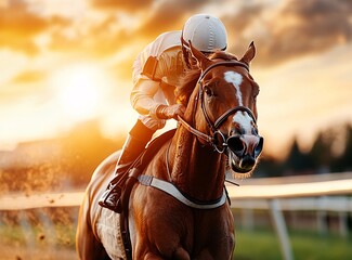 Obraz premium Dynamic racehorse captured in motion at sunset, showcasing speed, strength, and the thrill of equestrian sports.