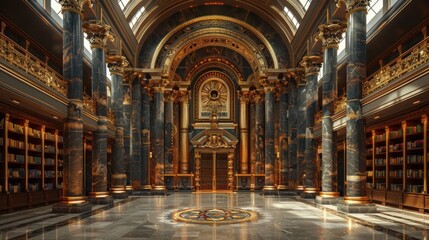 Fototapeta premium Beautifully decorated synagogue sanctuary with the Ark (Aron Kodesh) open, displaying the Torah scrolls inside.