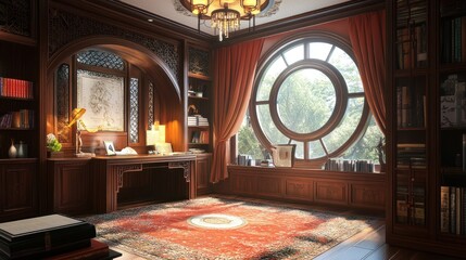 A traditional library with wood paneling, a round window, a desk, bookshelves, and a red rug.