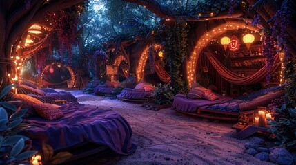 Beautifully decorated chill-out area at a psy trance festival, with hammocks and psychedelic art