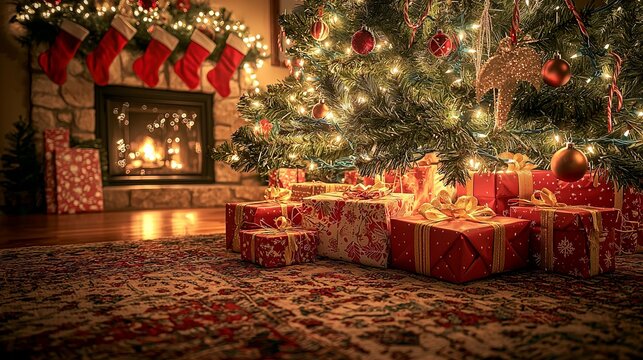 Cozy Christmas scene with beautifully wrapped presents under a decorated tree next to a glowing fireplace