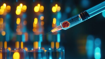 Close-up of a syringe injecting liquid into a test tube, showcasing scientific research, laboratory equipment, and innovative technology.