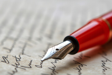 Fototapeta premium Closeup of Red Fountain Pen with Gold Nib Writing Elegant Handwritten Notes