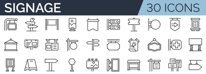 Set of 30 outline icons related to signage. Linear icon collection. Editable stroke. Vector illustration