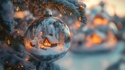 Cozy cabin reflected in a festive Christmas ornament