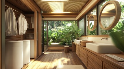 Modern bathroom with wood accents, white towels hanging on a rack, and a view of a tropical garden.
