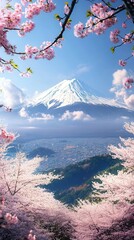 Stunning view of Mount Fuji framed by blooming cherry blossoms under a clear blue sky, showcasing nature's beauty in Japan.