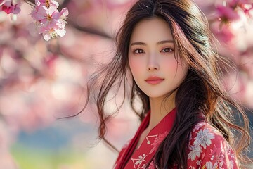 Naklejka premium Elegant Japanese woman in traditional attire surrounded by blooming cherry blossoms