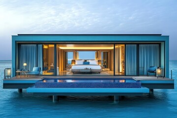 Experience the tranquil beauty of a stunning overwater bungalow set against a serene sunset backdrop. This idyllic retreat boasts luxurious interiors and a private infinity pool inviting relaxation.