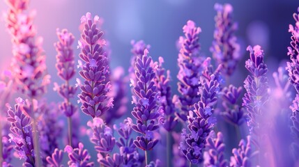 Naklejka premium Close up of a field of lavender flowers with an emphasis on purple flowers against a blurred background highlighting the vibrant colors and texture of the flowers.