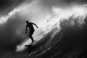 A daring surfer skillfully navigates a massive wave with grace, silhouetted against a dramatic sky at dawn. The scene captures the essence of freedom and adventure in an editorial fashion vibe.
