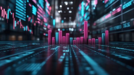 Futuristic financial dashboard with digital data, graphs, and charts, emphasizing technology and analytics in finance sector.