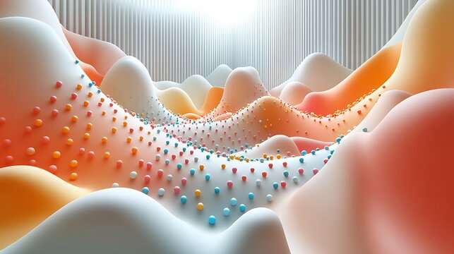A vibrant 3D papercraft scatter plot, colored paper beads of different sizes scattered on a raised paper grid, soft folds, dynamic lighting highlighting each dot, realistic shadows,