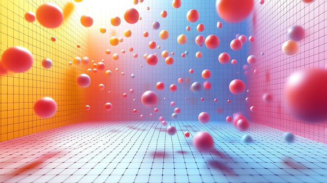 A vibrant 3D papercraft scatter plot, small colorful paper beads scattered across a raised grid, varying in size, dynamic lighting creating shadows, sharp grid lines, clean modern background,