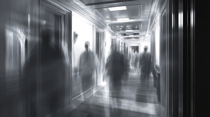 Mysterious figures emerge in a foggy, dimly lit hallway, creating a suspenseful atmosphere