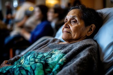 Obraz premium An elderly patient lies in a hospital bed, gazing out thoughtfully as others recover nearby, highlighting the healing atmosphere of the ward and the connection among those present.