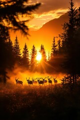 Caribou herd crossing a misty forest at dawn, animal migration, mystical and serene natural journey