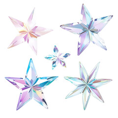 Crystal-like iridescent stars in various sizes, creating a whimsical, festive atmosphere. Isolated on white background.


