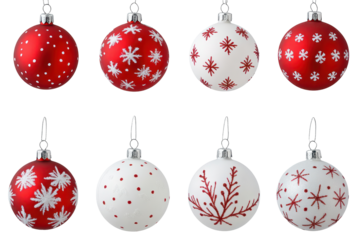 A set of red and white Christmas ornaments featuring stripes, polka dots, hearts, and snowflakes, perfect for festive decor. Isolated on white background.

