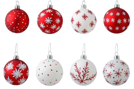 A set of red and white Christmas ornaments featuring stripes, polka dots, hearts, and snowflakes, perfect for festive decor. Isolated on white background.

