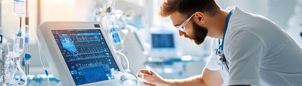 Poster Doctor checking medical equipment in a hospital.