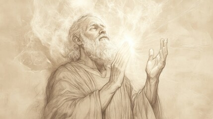 Naklejka premium Biblical Illustration: Moses in prayer, symbolizing God's love. Deuteronomy scene, beige background, ideal for Bible wall art.