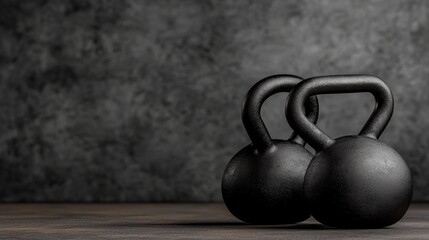 Fototapeta premium Two black kettlebells sit on a wooden floor in front of an old brick wall, AI