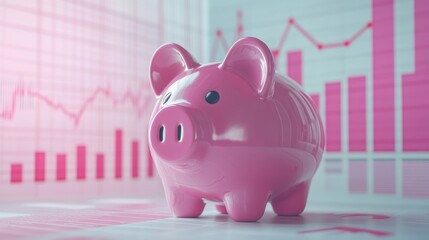 A pink piggy bank surrounded by financial growth charts, symbolizing long-term savings and investment growth