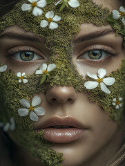 A close up portrait of beautiful woman with an art fashion make up, muted green coating, soil, flowers, bright beads and withered leaves, make up of the Goddess of the earth, graceful  and stately.
