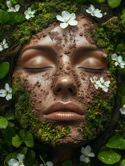 A close up portrait of beautiful woman with an art fashion make up, muted green coating, soil, flowers, bright beads and withered leaves, make up of the Goddess of the earth, graceful  and stately.