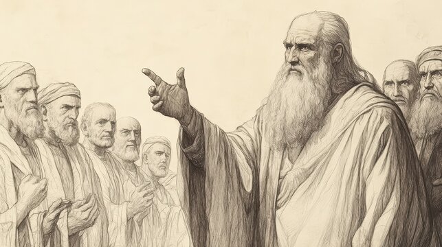 Biblical Illustration: Moses addressing elders, emphasizing role of Levitical priests in guiding and protecting community. Deuteronomy scene, beige background, ideal for Bible wall art.