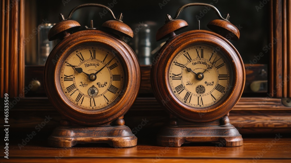 Wall mural Two Antique Alarm Clocks on a Wooden Surface