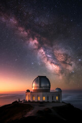 Obraz premium Mythical Night Sky Scene Starry Celestial Sky, Silhouetted Hilltop Observatory, Glowing Sunrise Horizon, and Soft Silhouettes Evoking Wonder and Cosmic Discovery 