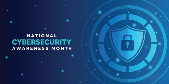National Cybersecurity Awareness Month. Shield and padlock. Great for cards, banners, posters, social media and more. Blue background.
