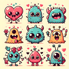 Obraz premium Cute love monsters illustrations with hearts