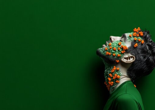 Viral Echo: Man with virus-shaped decorations on his face against a green background, symbolizing the impact and spread of infectious diseases.
