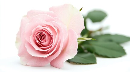 A soft pink rose in full bloom, symbolizing love, beauty, and romance, against a white backdrop