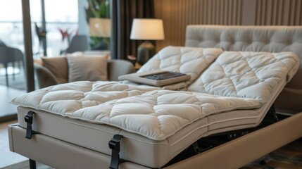 Adjustable Bed: Motorized bed with remote control adjustments for height, head, and foot sections, offering customizable comfort and improved mobility for individuals with limited mobility.
