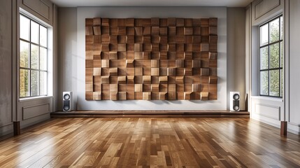 Crisp and clear photograph of a modern living room featuring a wooden floor and striking large wall decor. With copy space for text