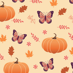 Thanksgiving Day Pattern with Orange Pumpkin, Butterfly, Falling Leaves. Autumn Harvest Decor. Cute Fall Halloween.