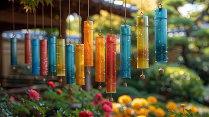 Obraz premium Colorful Glass Wind Chimes in a Tranquil Garden 