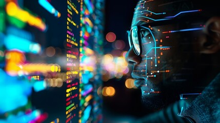 Man Analyzing Colorful Code on Digital Screen Software Development, Programming Concept