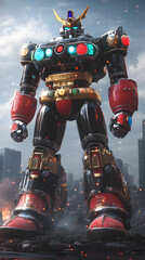 Naklejka premium In the Japanese tokusatsu style of the Showa period, present the image of a huge robot